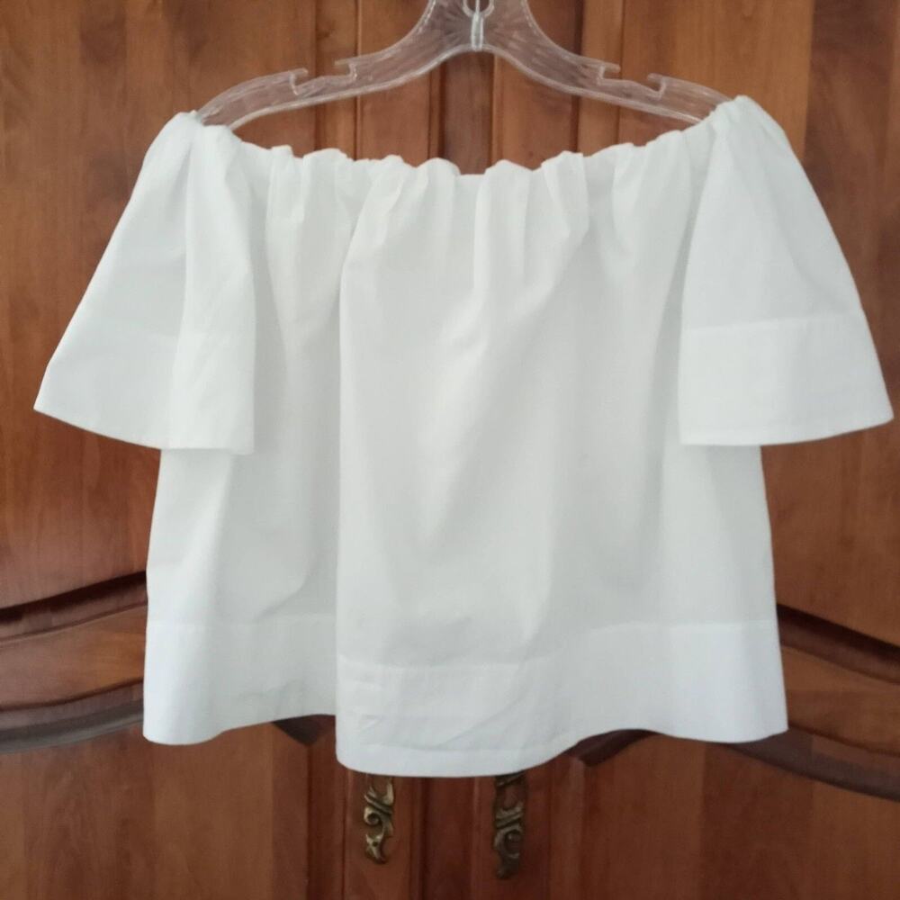 VINCE Crop Top Off Shoulder White Cotton XS Wide Elastic Neck Short Bell Sleeve